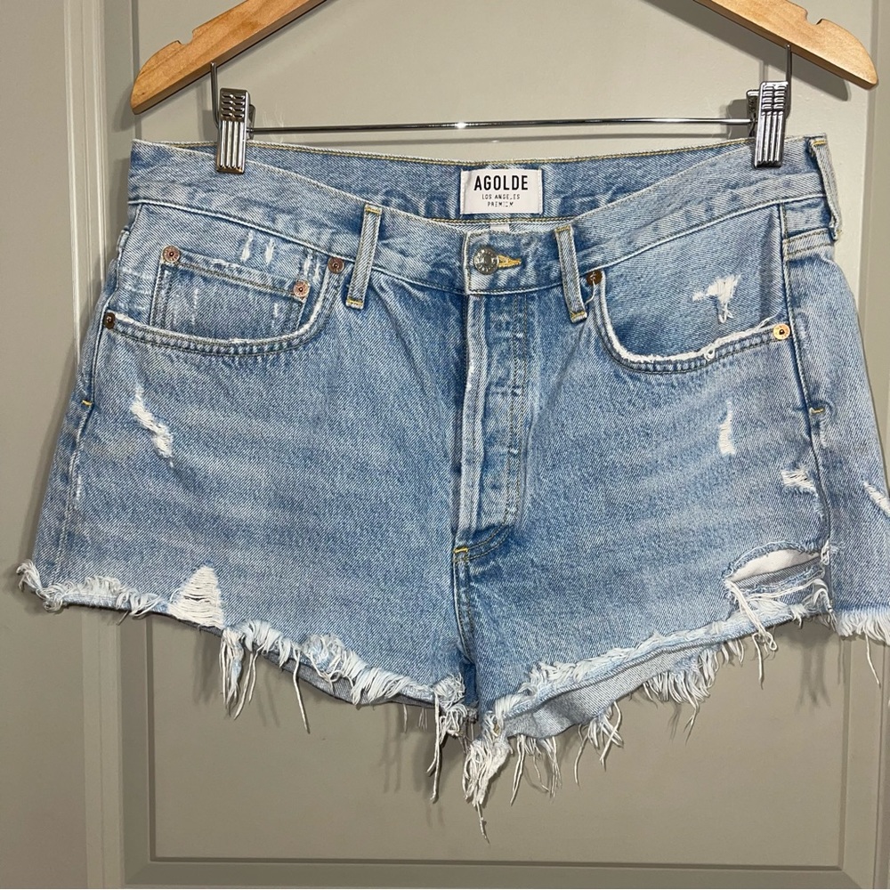 AGOLDE Light Blue Distressed Jean Shorts